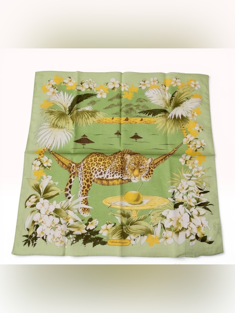 NEW WITH TAG Salvatore Ferragamo Tropical Leopard Print Cotton Pocket Square